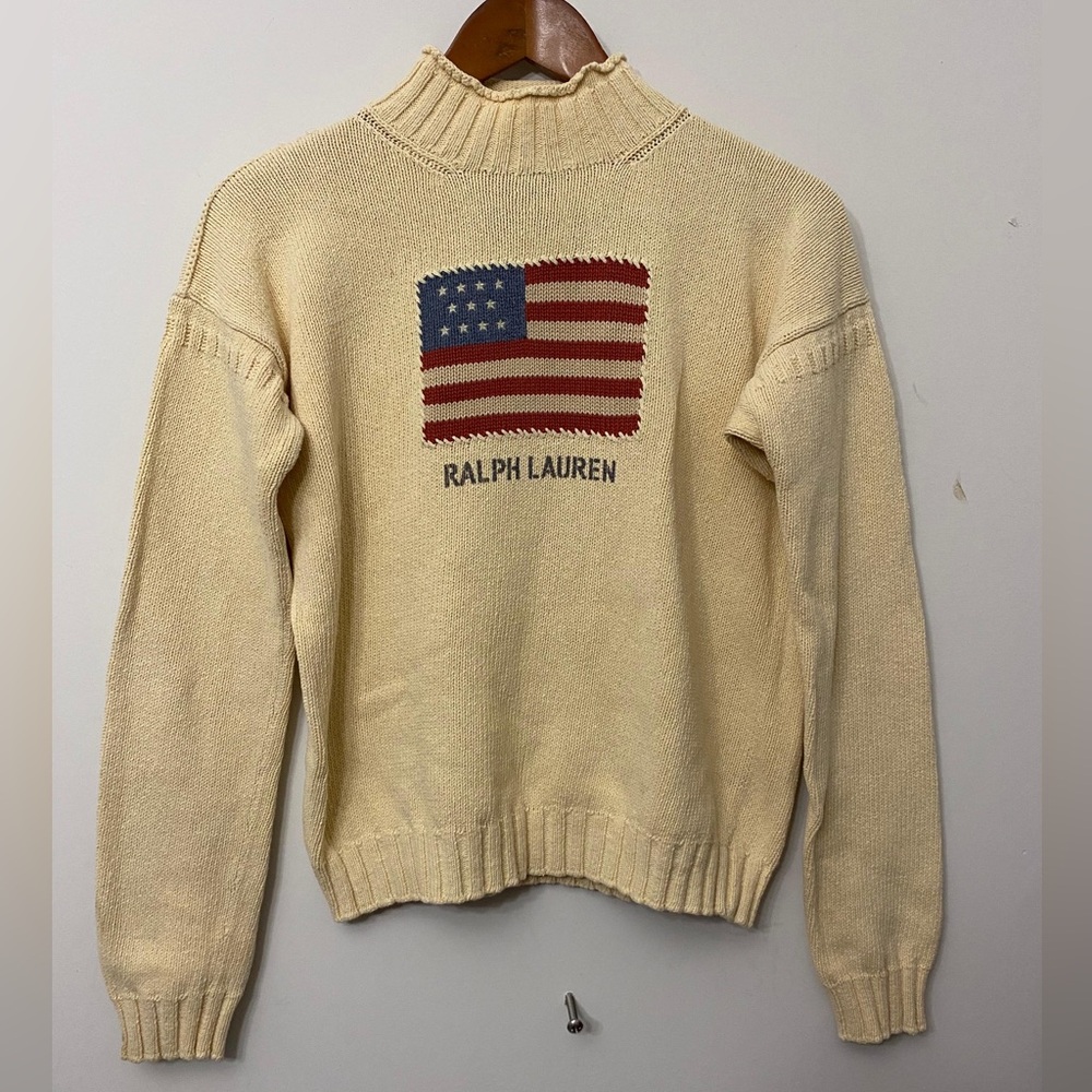 Ralph Lauren Cream Turtleneck Sweater with American Flag Motif